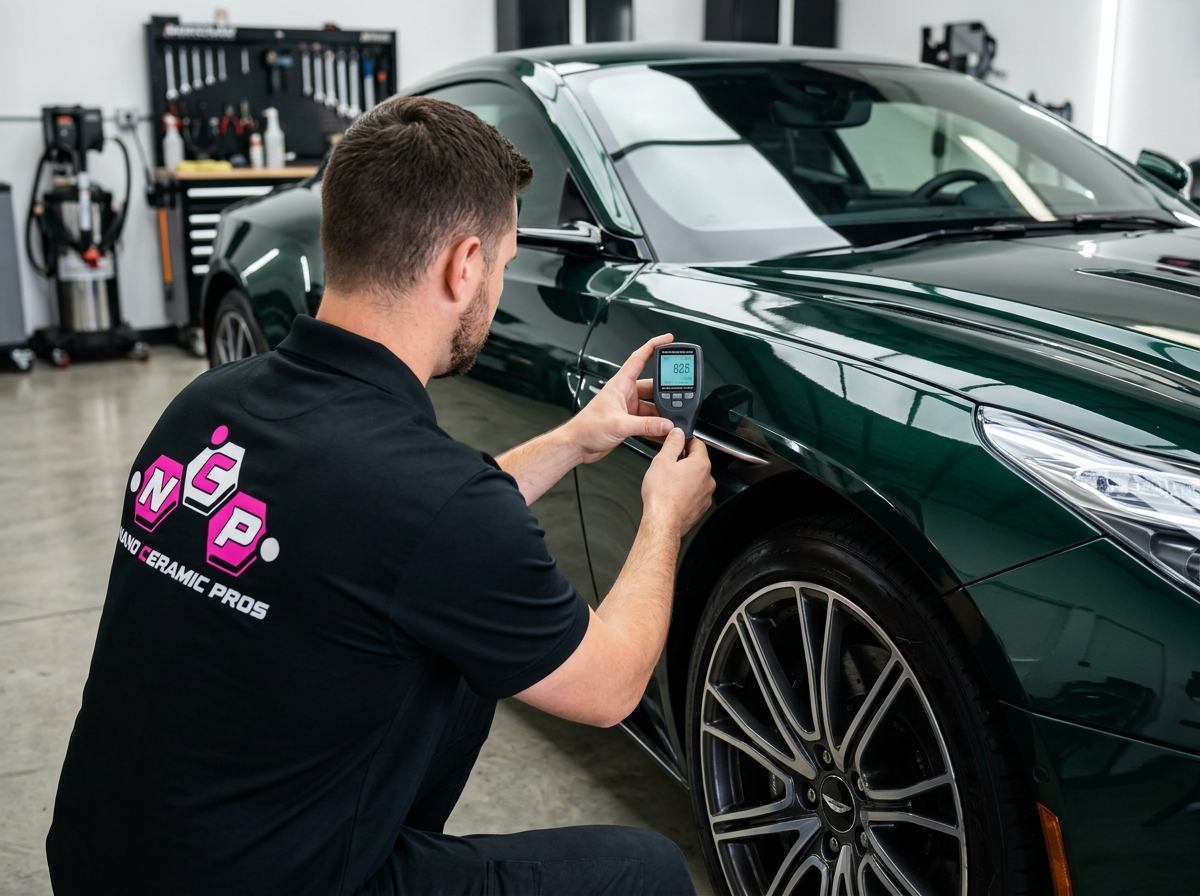 Automotive protection technician measuring paint thickness on a dark green luxury coupe fender with a professional digital gauge