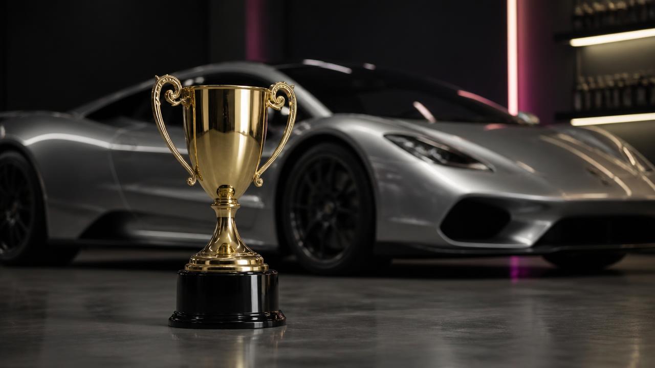Award trophy displayed in front of a mirror-gloss silver supercar in the detailing studio