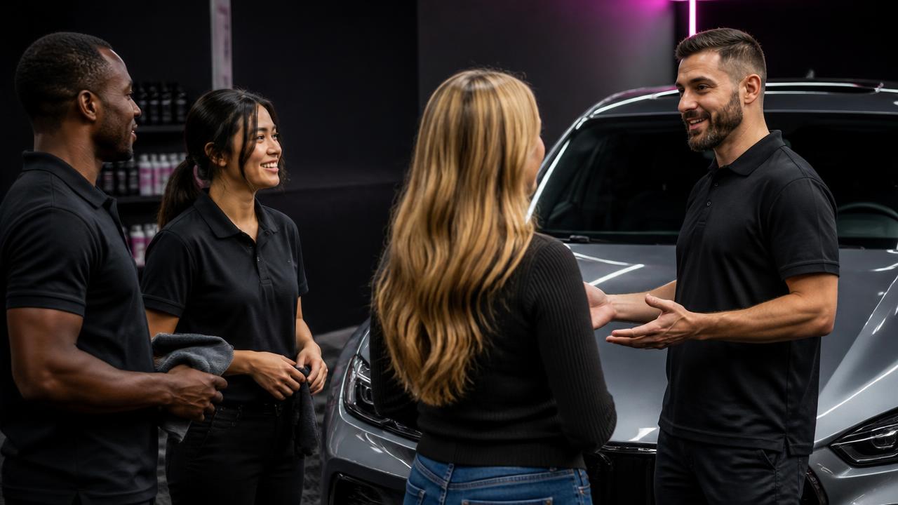 Bilingual Nano Ceramic Pros team speaking with customers beside a white luxury sedan in the studio