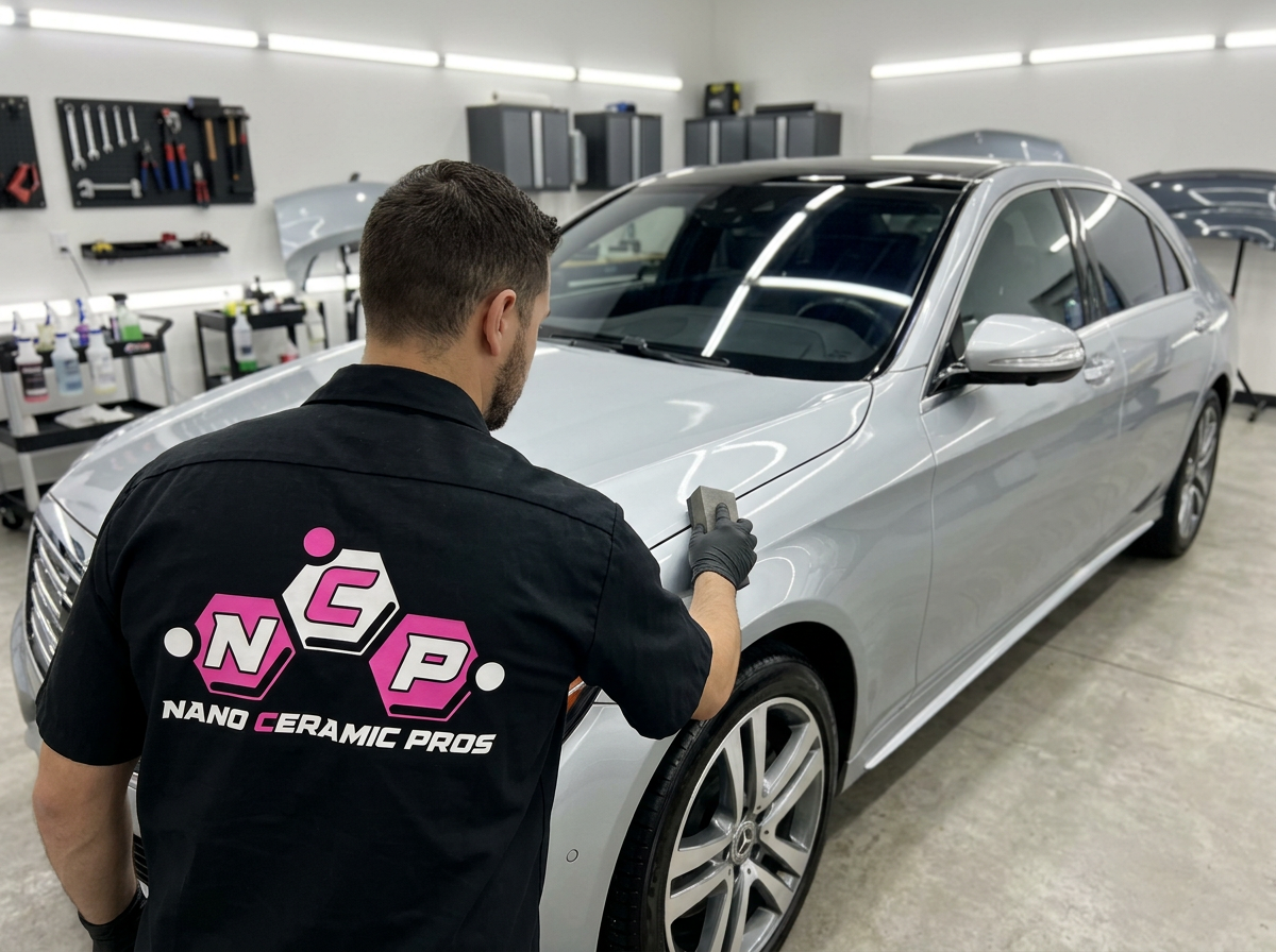 Automotive detailing technician leveling ceramic coating on a silver luxury sedan hood inside a bright coating studio
