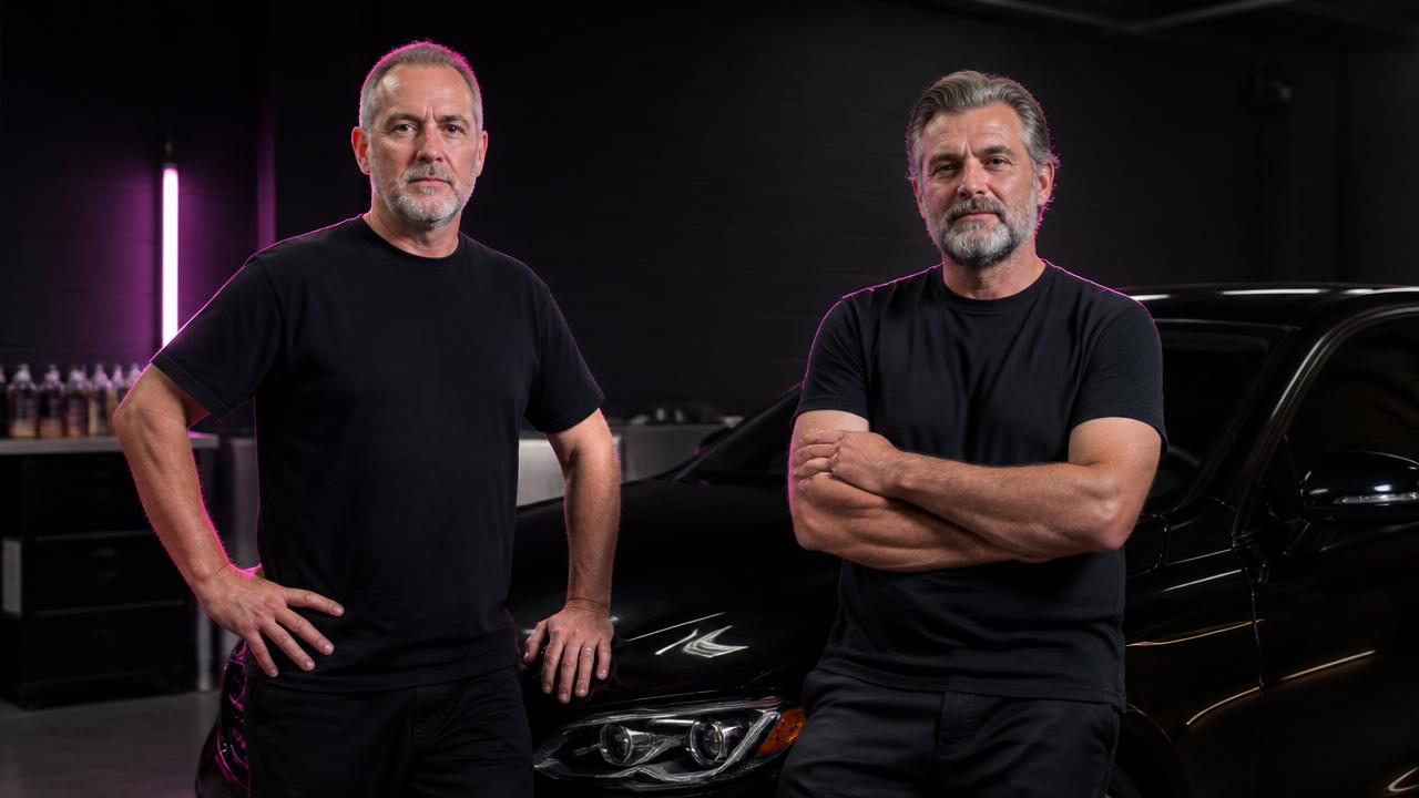Veteran master detailers standing confidently beside a mirror-gloss black classic luxury car