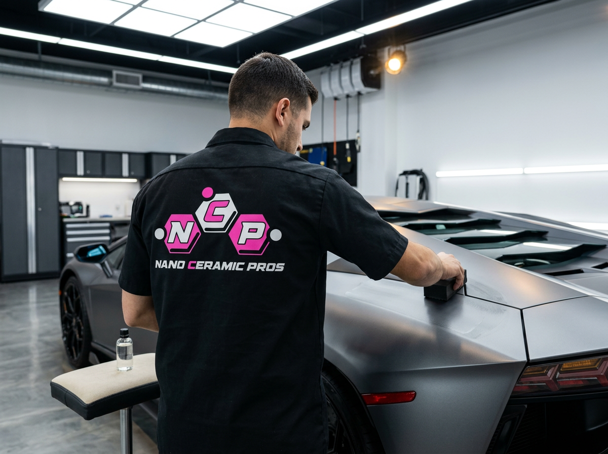 Automotive detailing technician applying graphene coating to a matte gray exotic supercar door inside a modern premium bay