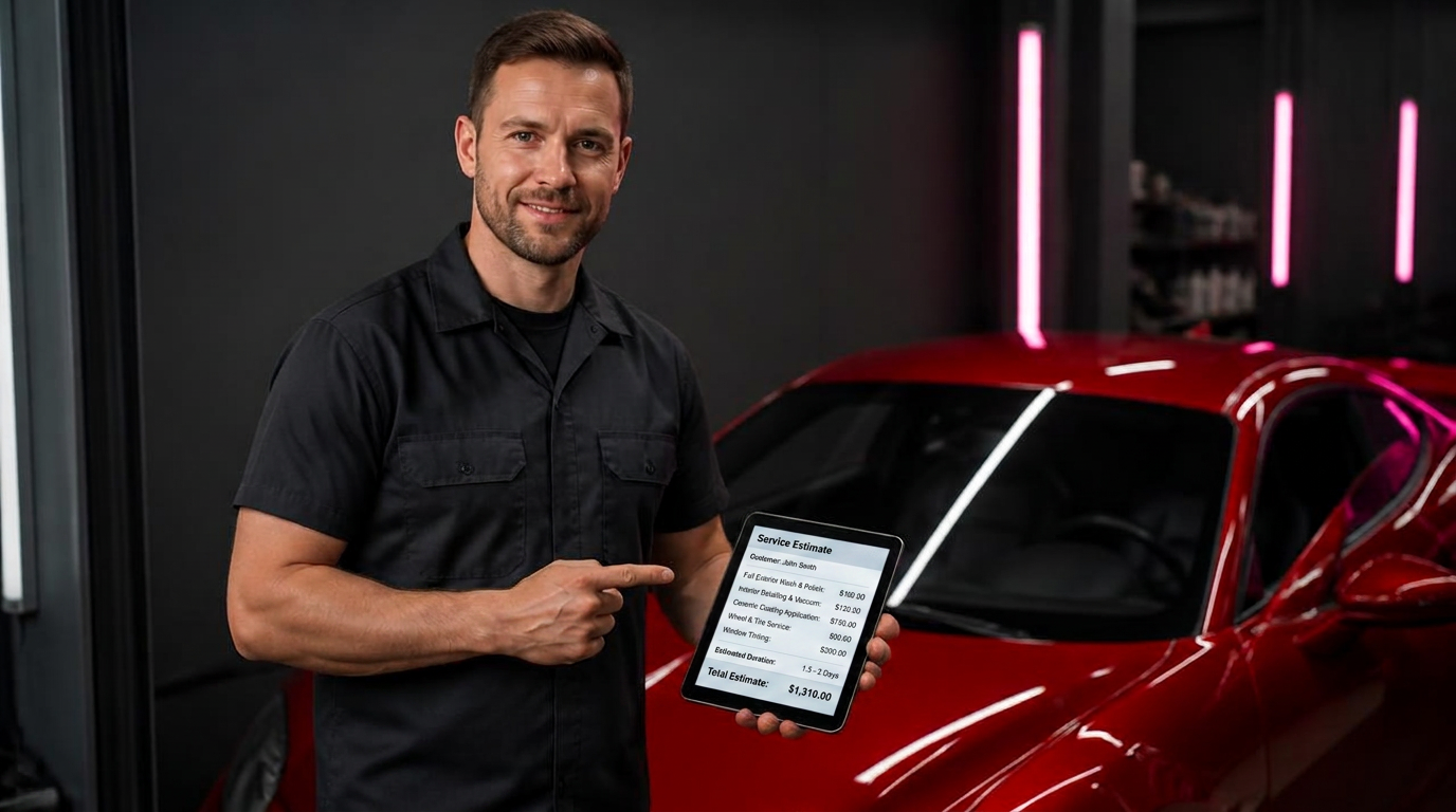Technician reviewing a transparent quote on a tablet beside a red luxury sports car