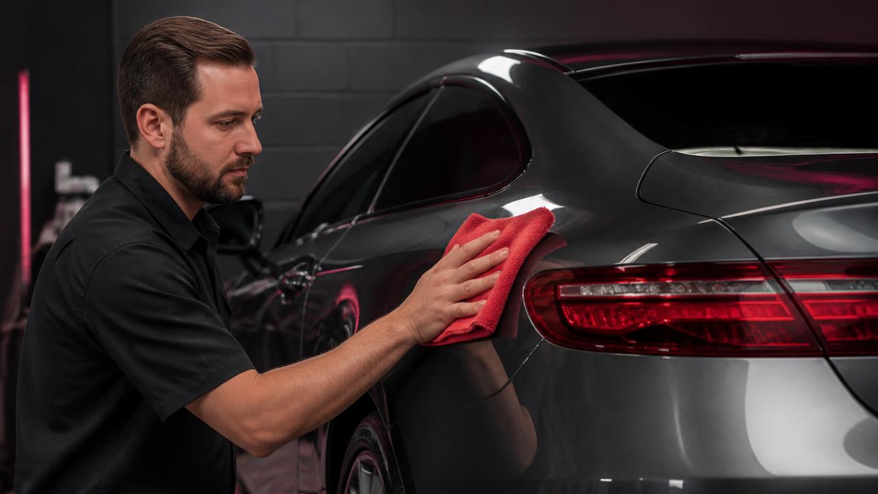 Technician performing post-install maintenance wipe-down with microfiber on a coated grey luxury coupe