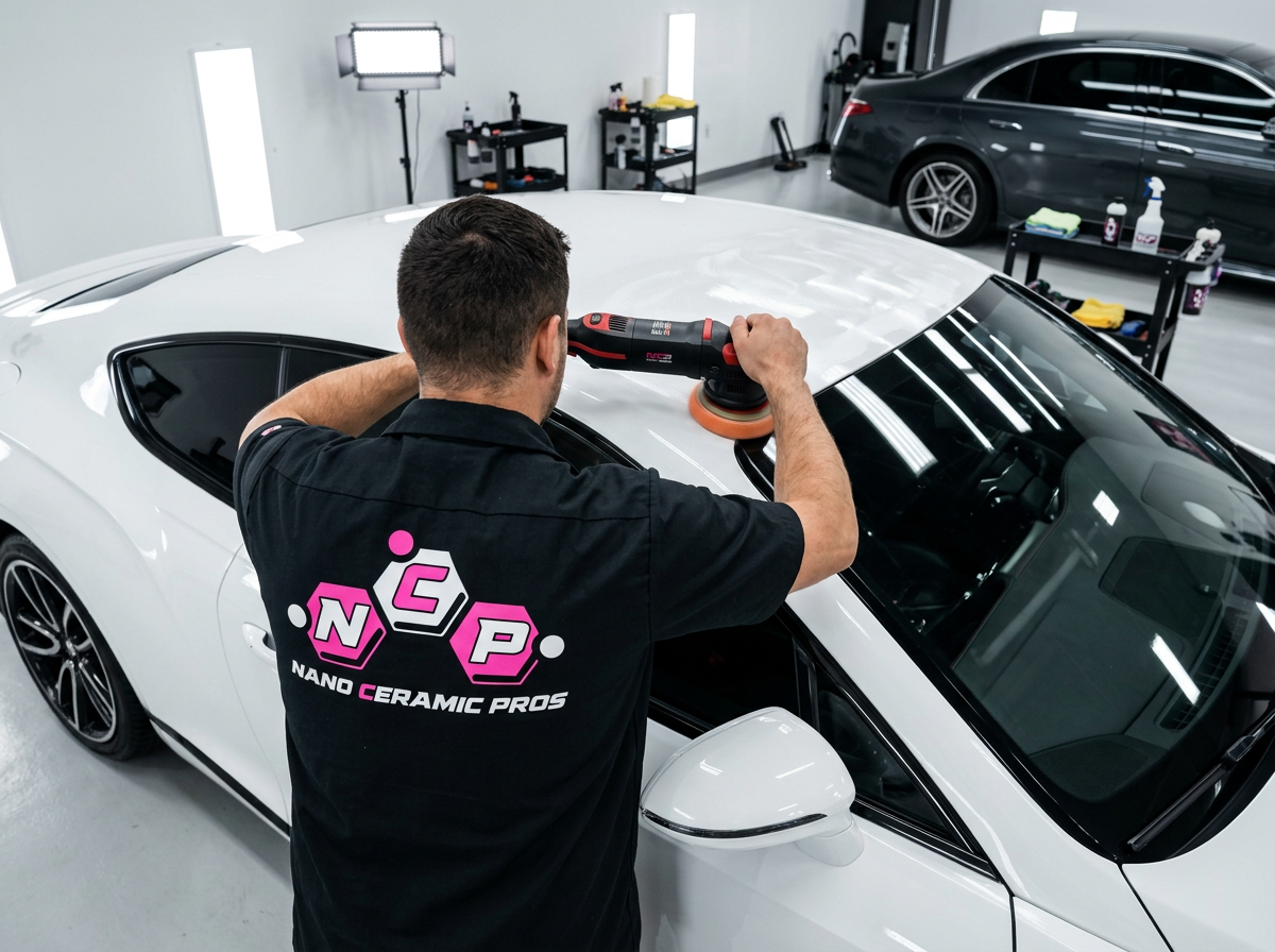 Detailing technician using a dual-action polisher on the quarter panel of a white luxury coupe during paint correction service