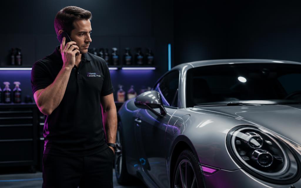 Nano Ceramic Pros technician on a phone consultation beside a silver luxury sports car in the Scottsdale detailing studio
