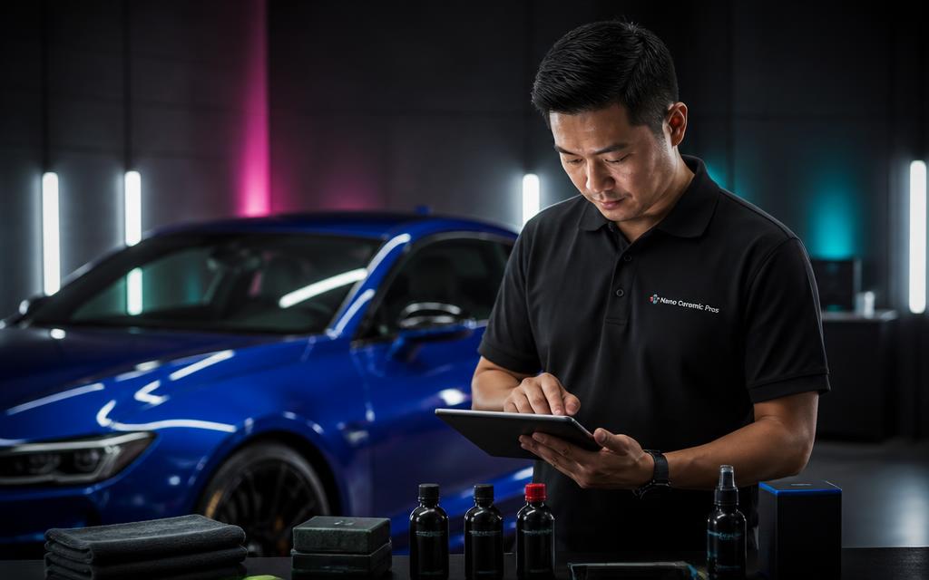 Technician planning a custom coating package on a tablet beside coating bottles and a blue luxury coupe