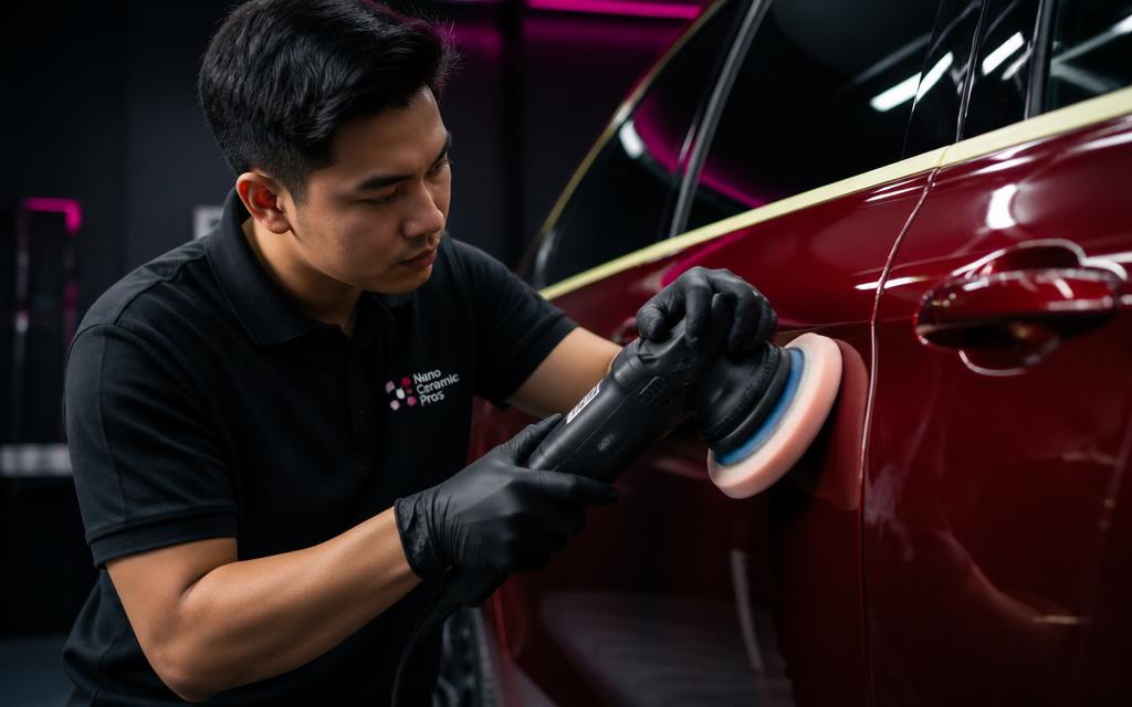 Technician machine polishing the deep red door panel of a luxury car during paint correction
