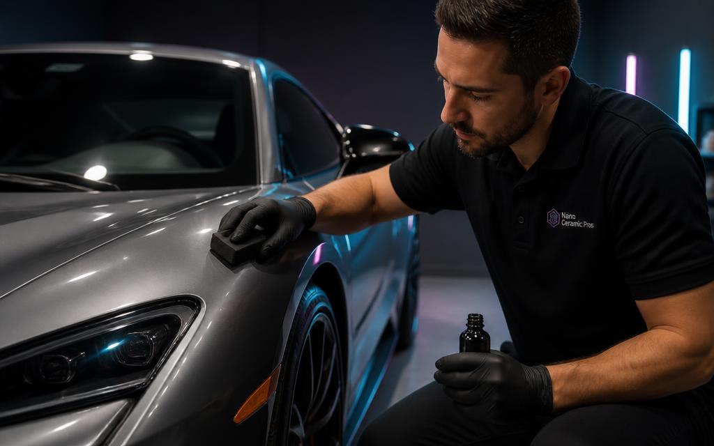 Gloved technician hand-applying ceramic coating to the fender of a silver exotic supercar