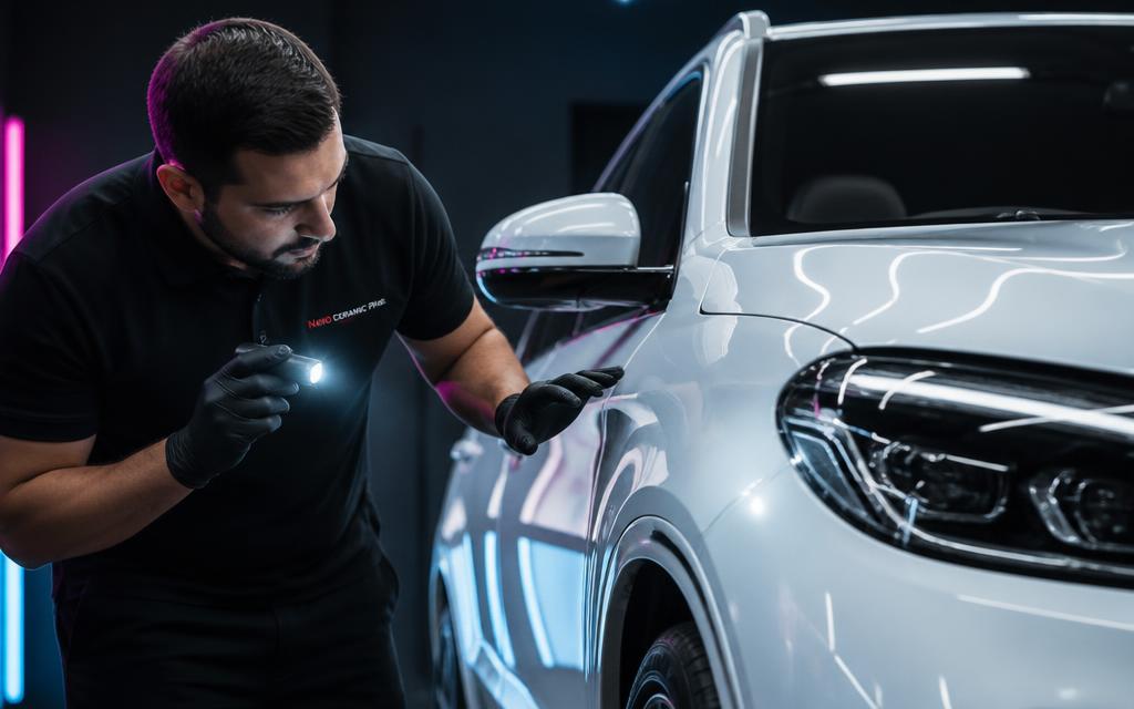Technician performing a final inspection with an LED light on a mirror-finish white luxury SUV