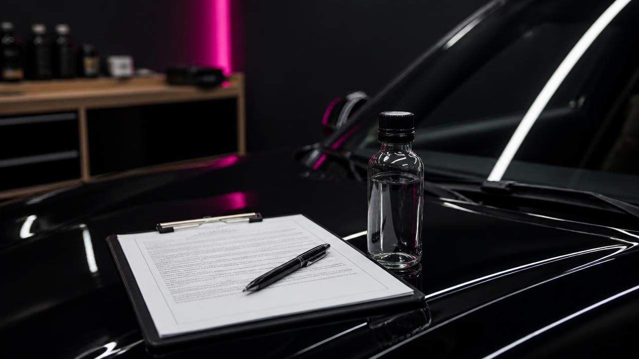 Manufacturer-backed ceramic coating warranty certificate resting on a glossy black luxury car hood in the Nano Ceramic Pros studio