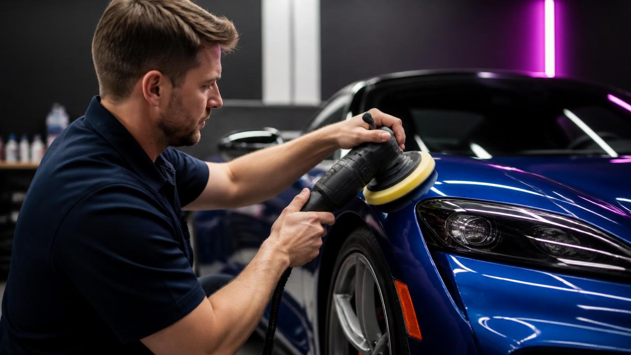 Nano Ceramic Pros technician machine polishing a deep blue exotic sports car panel to a flawless finish